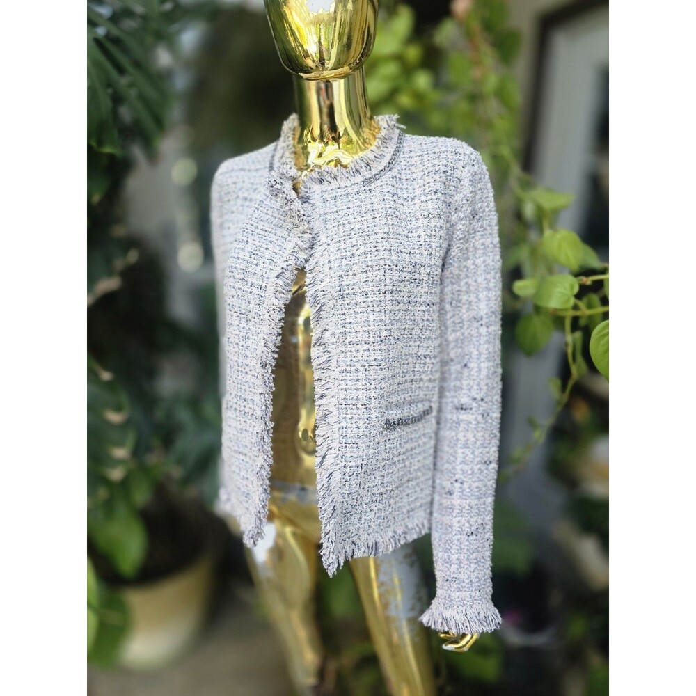 NIC+ZOE Chain Trim Fringe Mix Knit Jacket Grey Multi Size M NWT $248